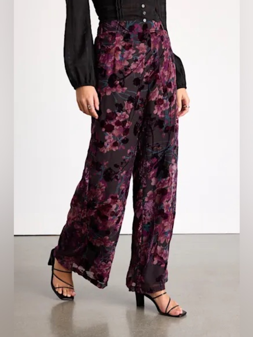 Lulus Astley Black Multi Floral Burnout High Rise Wide Leg Size M